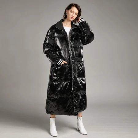 Женское пуховое пальто Lare размера, зимнее модное толстое теплое женское длинное пальто с высоким воротником, свободная элегантная яркая верхняя одежда YNZZU 9O116 - Цвет: Черный