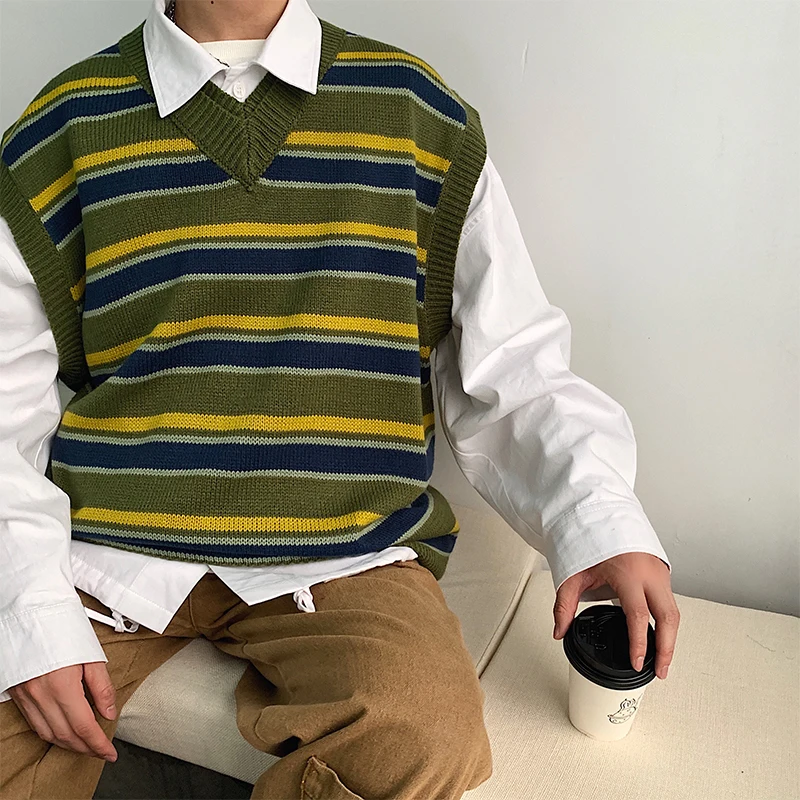 Autumn New Vest Sweater Men Fashion Contrast Color Casual Striped Knit Vest Sweaters Man Loose Pullover Men Sweter Clothes Autumn New Vest Sweater Men Fashion Contrast Color Casual Striped Knit Vest Sweaters Man Loose Pullover Men Sweter Clothes