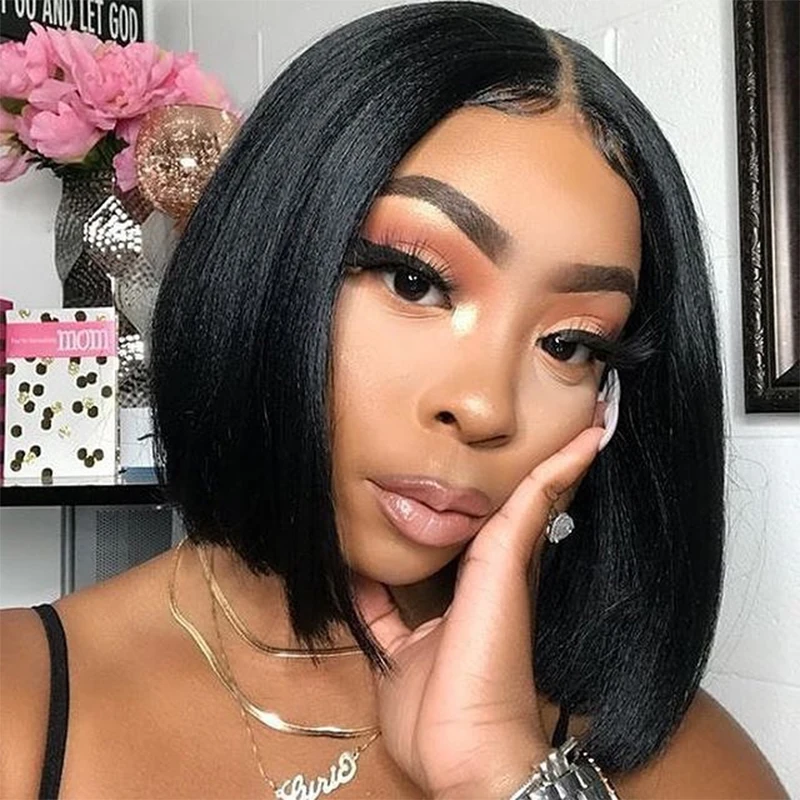 Yaki Peruca de Cabelo Humano Curto Bob Yaki em Linha Reta Dianteira do Laço Perucas de Cabelo Humano com o Cabelo do Bebê 13x6 Profundo Parte Dianteira do Laço Perucas Remy 4 Cheap Apliques com cabelo humano