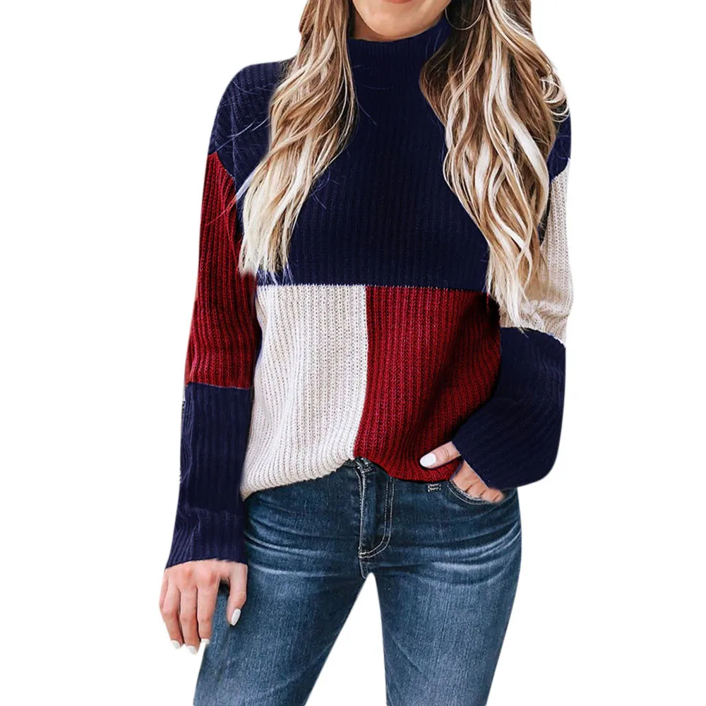 Jaycosin Women Colorblock Stand Long Sleeve Knitted Loose Sweater Tops Casual Quality Attractive Jumper Pullover Top Blouse