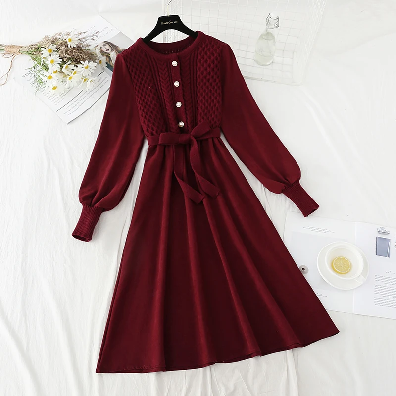 

Elegant knitted Patchwork Sweater Dress Women O-neck Spring Autumn Bow Vintage A-line Corduroy Dresses Long sleeve Vestidos