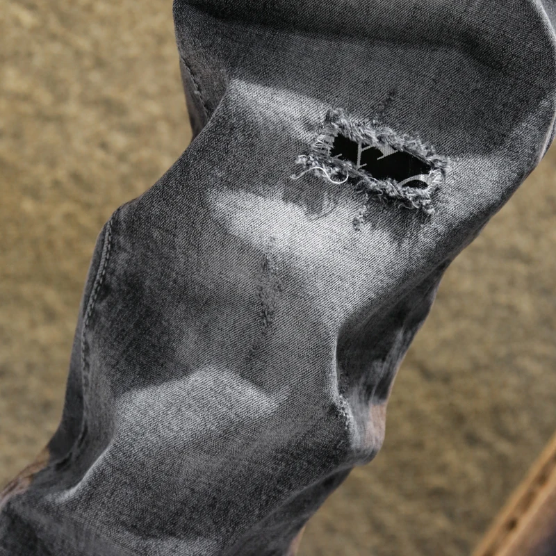 50% OFF Casual Mens jeans Cotton Slim Fit Grey Ankle-length Pant Streetwear Mens Ripped Holel Stretchy Ripped Skinny Jeans Trousers