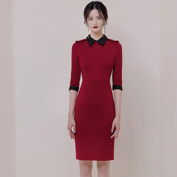 

HAMALIEL Runway Office Ladies Sheath Women Dress Autumn Hit Color Half Sleeve Bodycon Pencil Work Wear Wine Red OL Vestidos