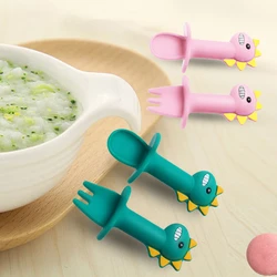 2pcsBaby Silicone Spoon Dinosaur Cartoon Short Handle Soft Spoon Baby Auxiliary Food Fork Spoon Set Maternal and Infant Products