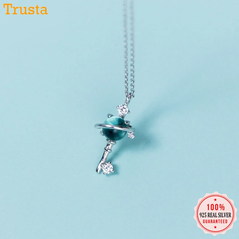 

Trusta 100% 925 Solid Real Sterling Silver Key Universe CZ Blue Crystal Pendant 40cm Clavicle Necklace Silver Jewelry DS1165