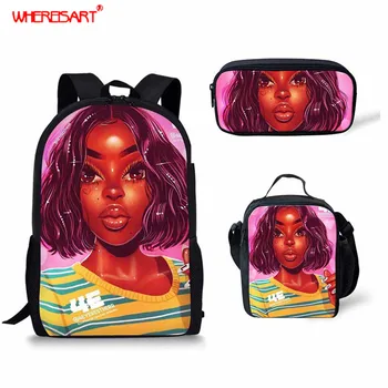 

WHEREISART Black Afro Girl Printed School Bag African Cool Girl School Backpack for College Students Kids Primary School Bag Set