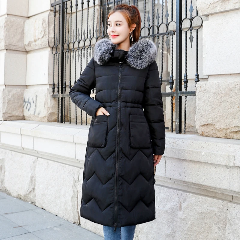 Winter Long Down Coat For Women Plus Size 3XL Both Sides Can Be Worn Cotton Down Jacket Hooded With Fur Collar Large Size