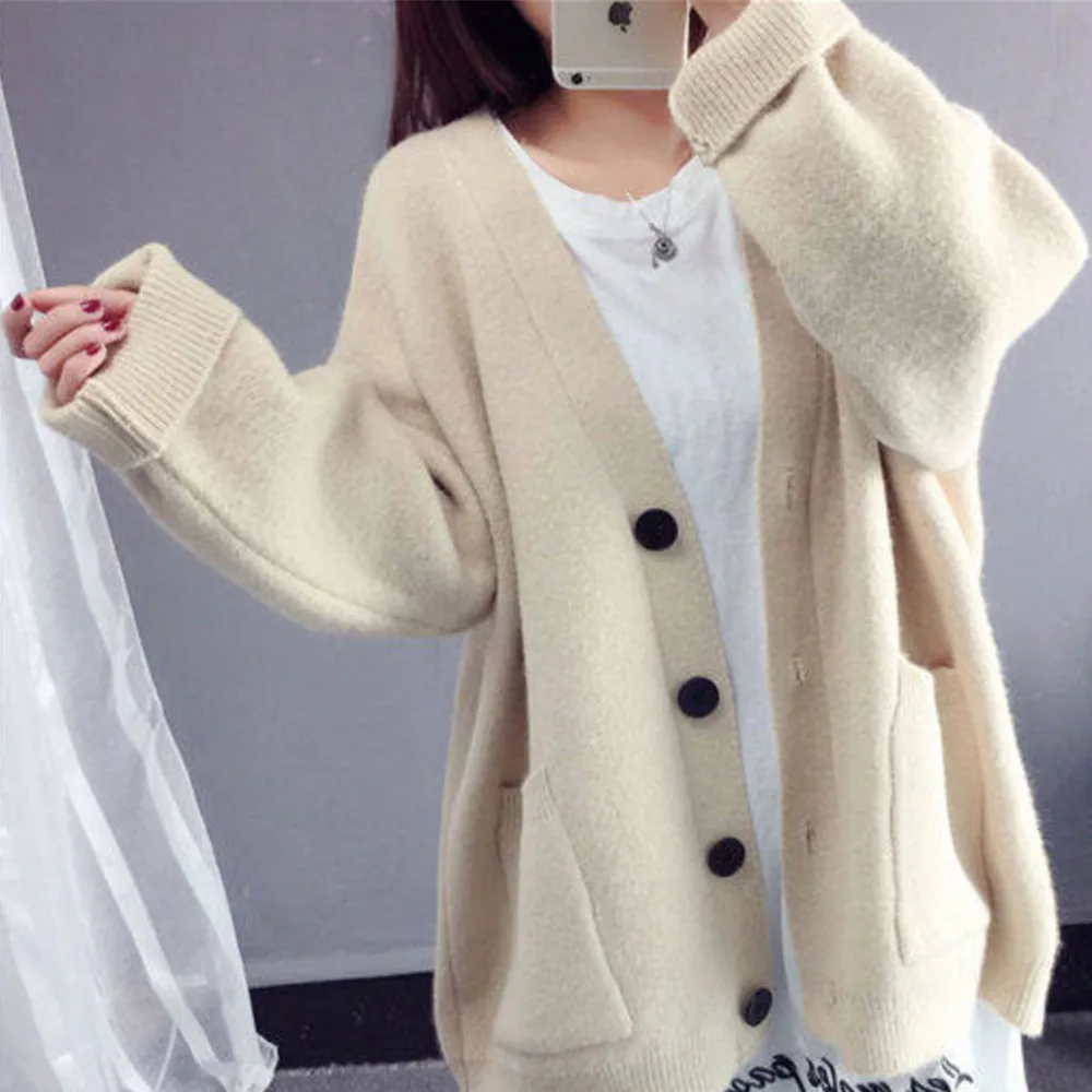 

2019 Knit Cardigan Sweater Women White Casual Cardigan Bat Sleeve V Neck Winter Clothes Oversize Loose Button Cardigan