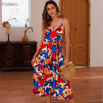 

Fadzeco 2019 African Dresses For Women Bohemia Ankara Dress Sexy Zip V Collar Batik Wax Floral Sleeveless Knot Print Midi Dress