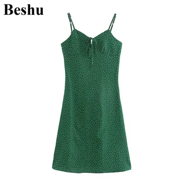 

za 2020 fashion midi dress women green V-neck bow dots side zipper sexy elegant sling dress female shrink high waist mujer