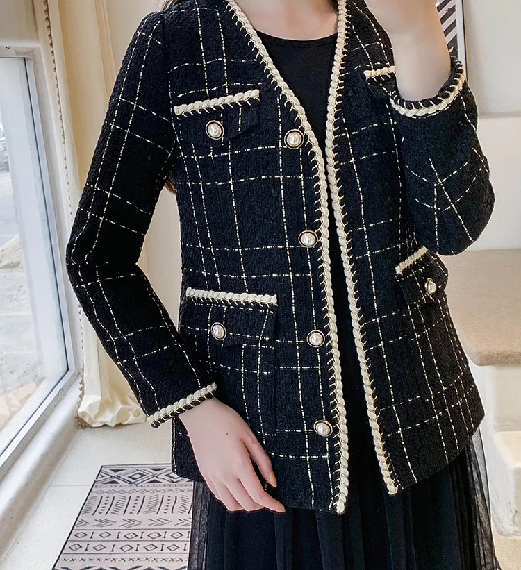 New  Autumn Winter Tweed Coat 2019 Fashion Women's Small Fragrance Long Sleeve Wool Coat Vintage Cardiga