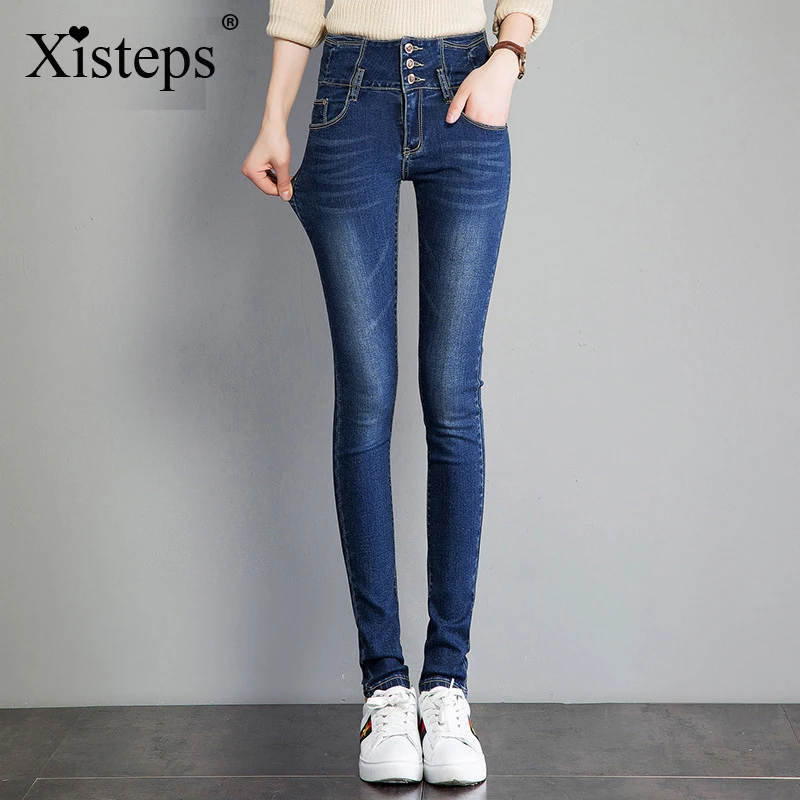 

Xisteps Jeans for women High Waist Elastic plus size Women Jeans femme washed casual skinny Long pencil skinny trousers black