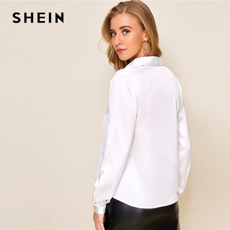  SHEIN White Solid Button Front Satin Shirt Blouse Spring Autumn Long Sleeve Office Ladies Elegant T