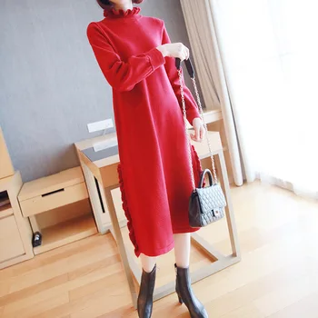 

Lotus Leaf Side Winter Dress 2019 Autumn Winter New Sweater Skirt Ladies Korean Long Top Asimetrico