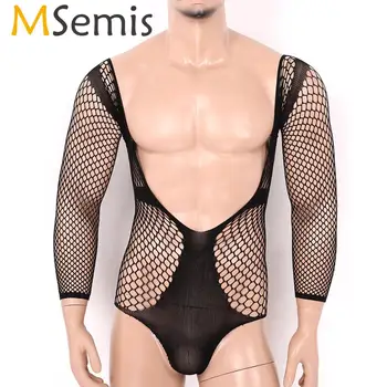 

MSemis Black Mens One-piece Hollow Out Fishnet Bodystockings Lingerie Deep V Long Sleeves See-through Sheer Bodysuits Nightwear