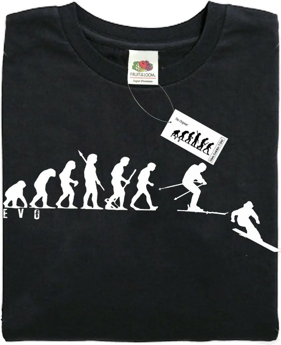 

Skiing - Mans Evolution T-Shirt (Ape) - Black - Present Gift. Brand New.