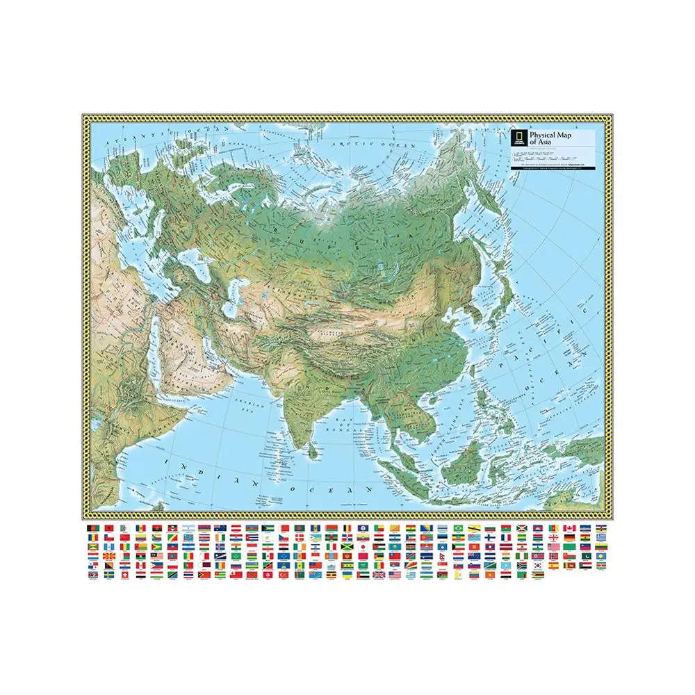 

Physical Map Of Asia 90x90cm Non-woven Vinyl Inkjet Map With National Flag For Culture and Education