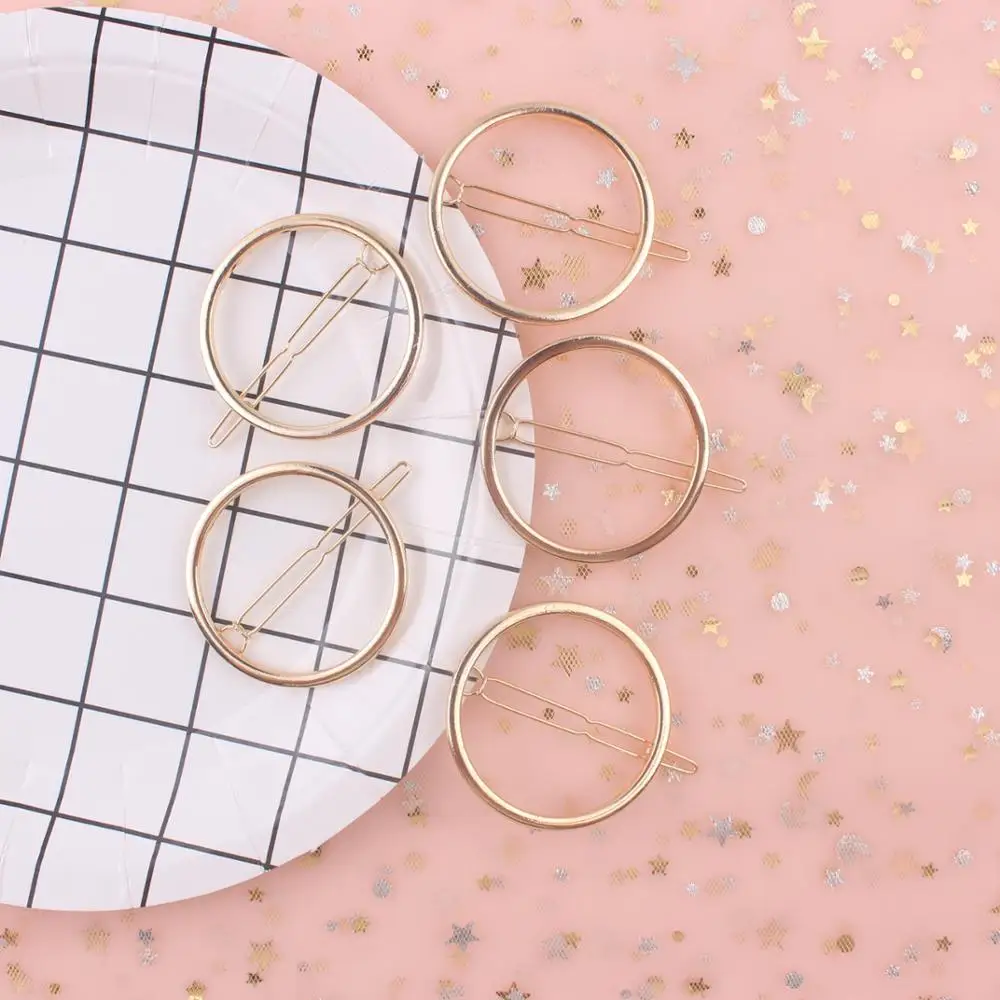 

2019 fashion geometric Round gold hairpin simple Snap button elegant lady hair clip metal barrettes girls Hair accessories 1pcs