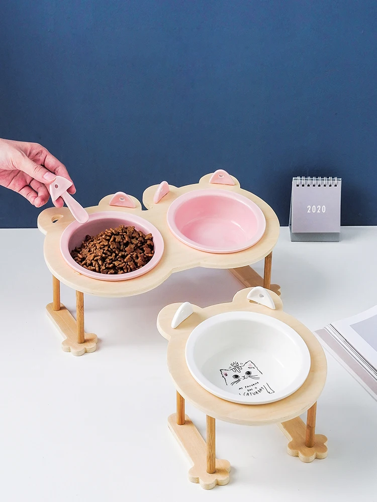 Recipiente para mascotas de cerámica, cuenco doble individual con soporte de madera, alimentador de agua de porcelana, suministros para mascotas