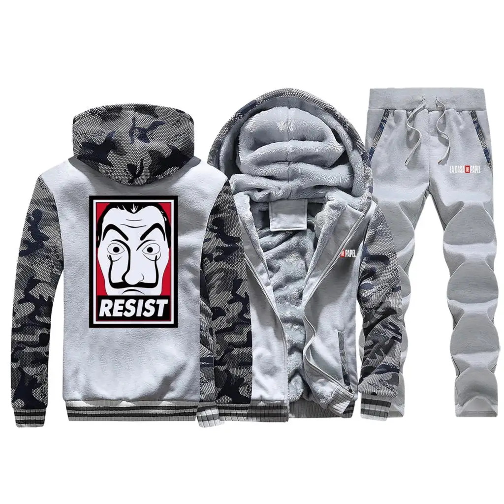 Hoodies La Casa De Papel Resist Pants Set Men Professor Sergio Marquina Tracksuit Coat Track Suit Winter Thick Jacket 2 PCS Sets - Цвет: Light Gray