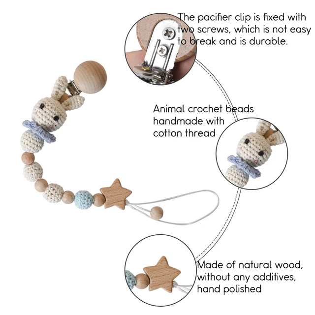 Wooden Pacifier Chains Rabbit Crochet Beads Baby Pacifier Clips Personalized Attache Sucett Dummy Mam Pacifiers Nipple Holder 2
