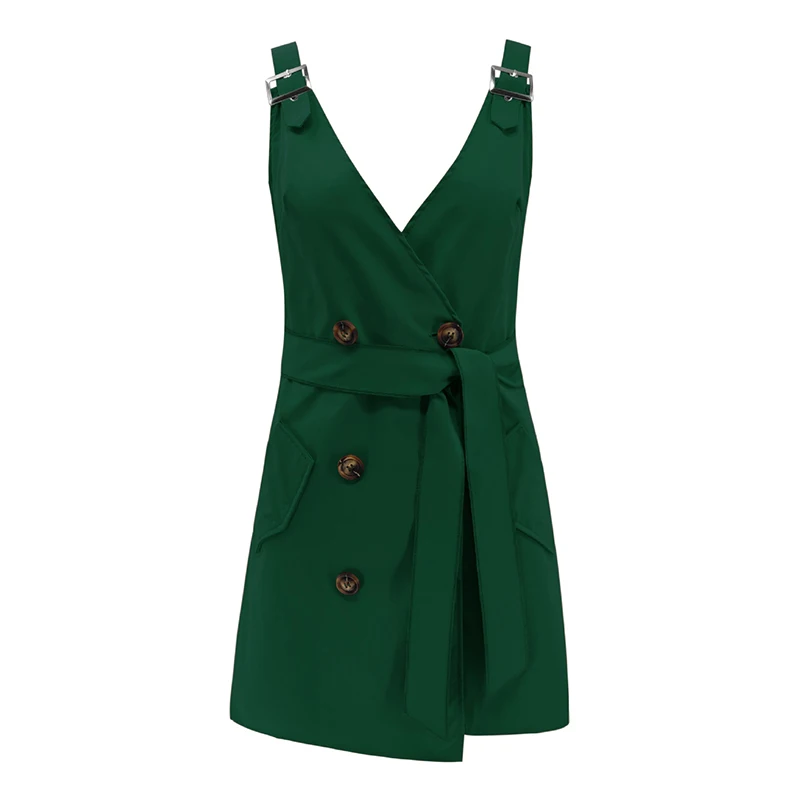 Женское платье на пуговицах с глубоким v-образным вырезом и регулируемыми бретельками, женские мини-платья с завышенной талией и поясом, Сексуальные вечерние повседневные уличные платья M0460 - Цвет: Green