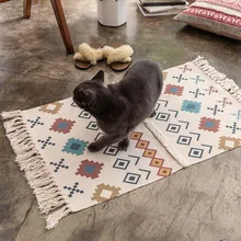 Ретро коврик из хлопка и льна с кисточками для спальни, ручная работа, этнический геометрический принт, большой ковер для гостиной