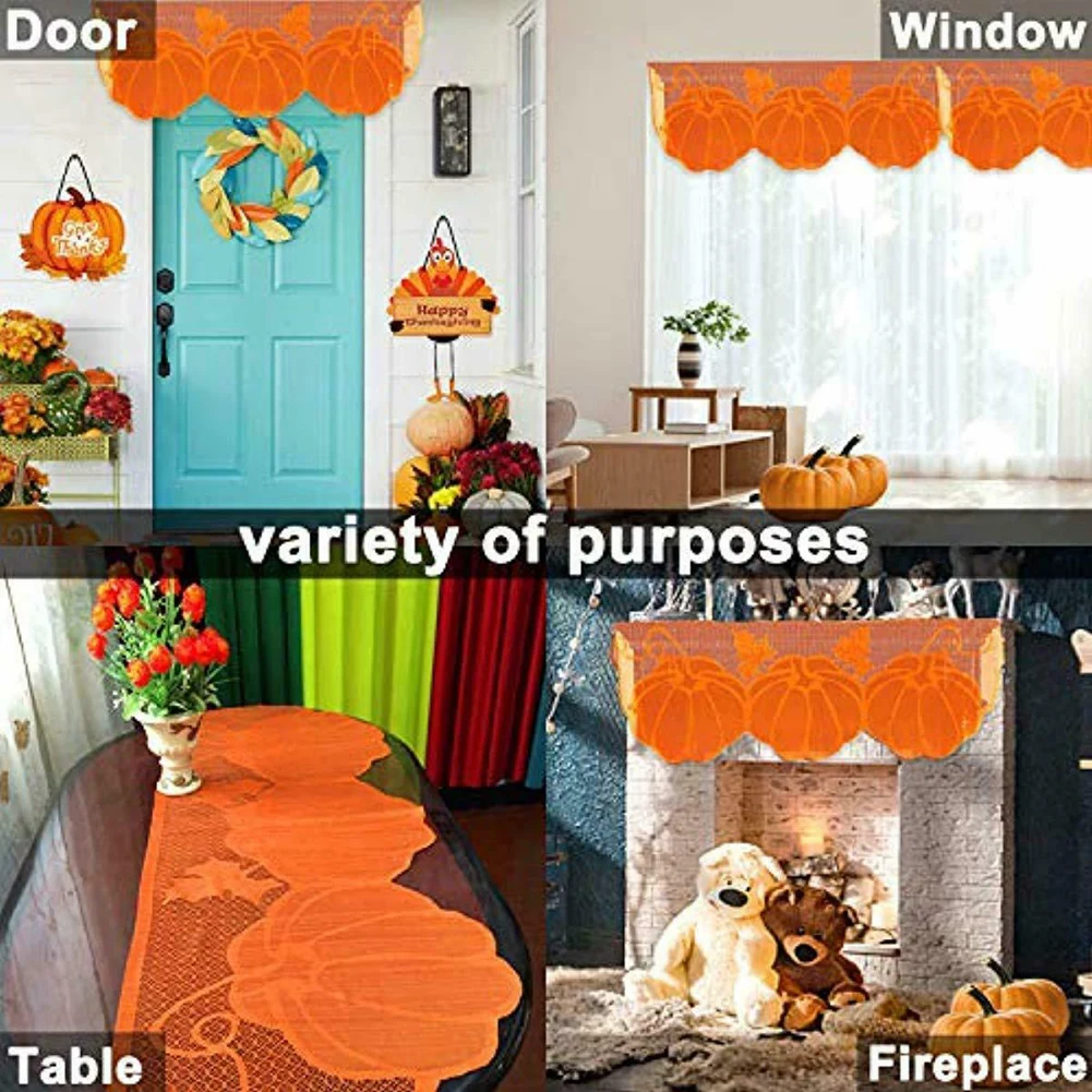 New Thanksgiving Lace Fireplace Cloth Pumpkin Maple Leaf Mantle Scarf Decor Set