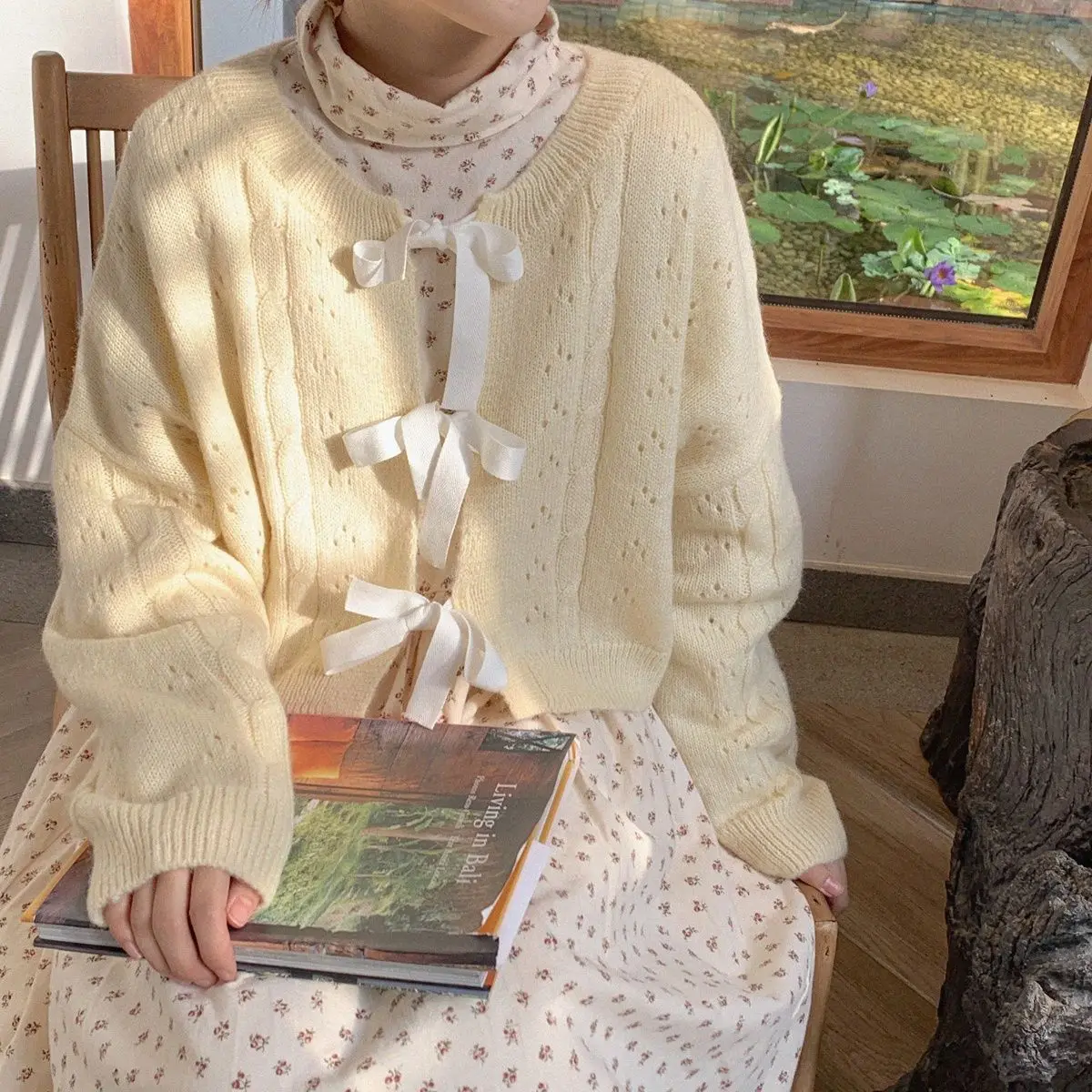 Light Yellow Cropped Cardigan Women Sweet Loose Lace Up Knitted Sweater Jackets Female Hollow Tops Fall 2021 Woman Clothing