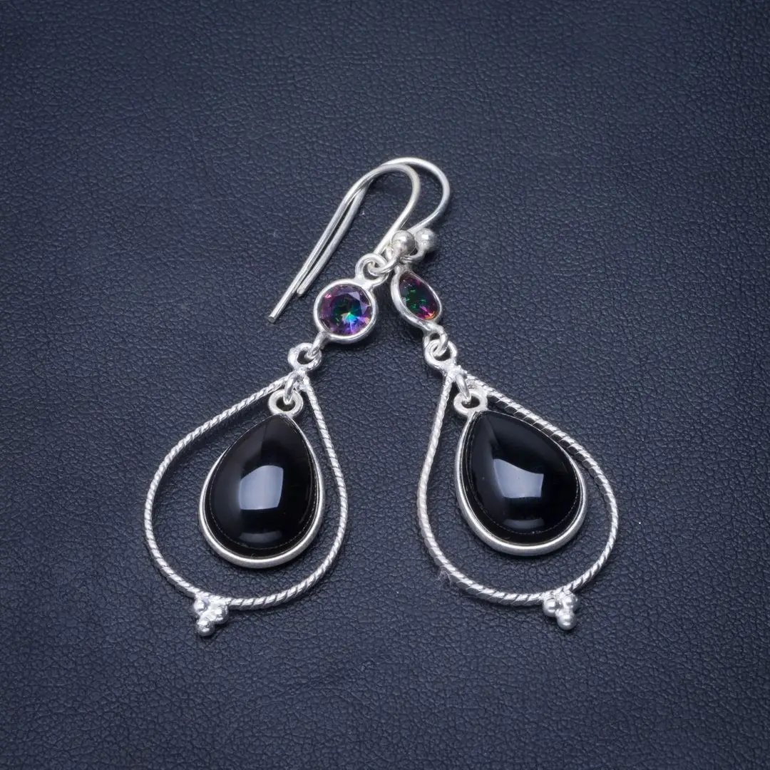 

Natural Black Onyx and Mystical Topaz Handmade Unique 925 Sterling Silver Earrings 2" B2084