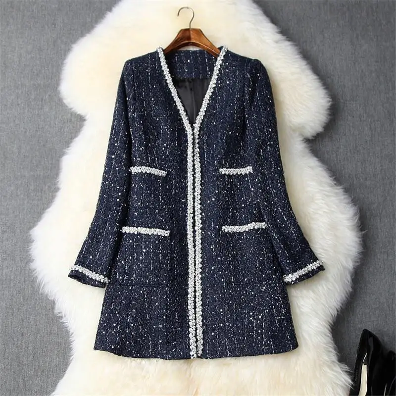 

High Quality Runway Winter Tweed Woolen Coats Women V Neck Luxury Beading Long Wool Blend Outerwear