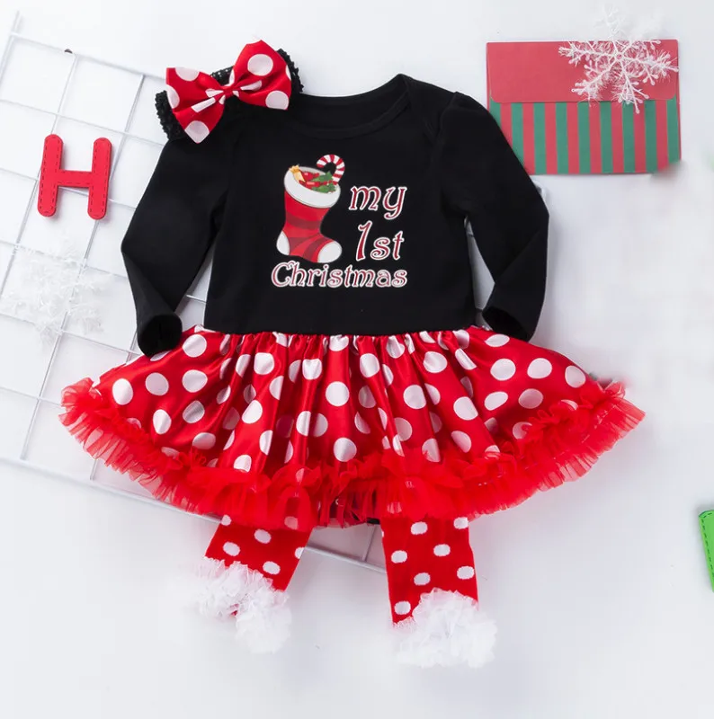3 piece set BEBE/Рождественские костюмы для детей; черные боди для девочек с платьем в горошек; повязка на голову; гетры для маленьких девочек; рождественские вечерние комплекты одежды - Цвет: 3 piece set