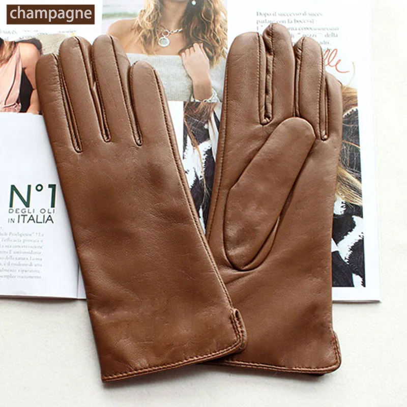 Women's Sheepskin Leather Gloves with Wool Lining - Fall/Winter Warmth for Motorcycle and Driving