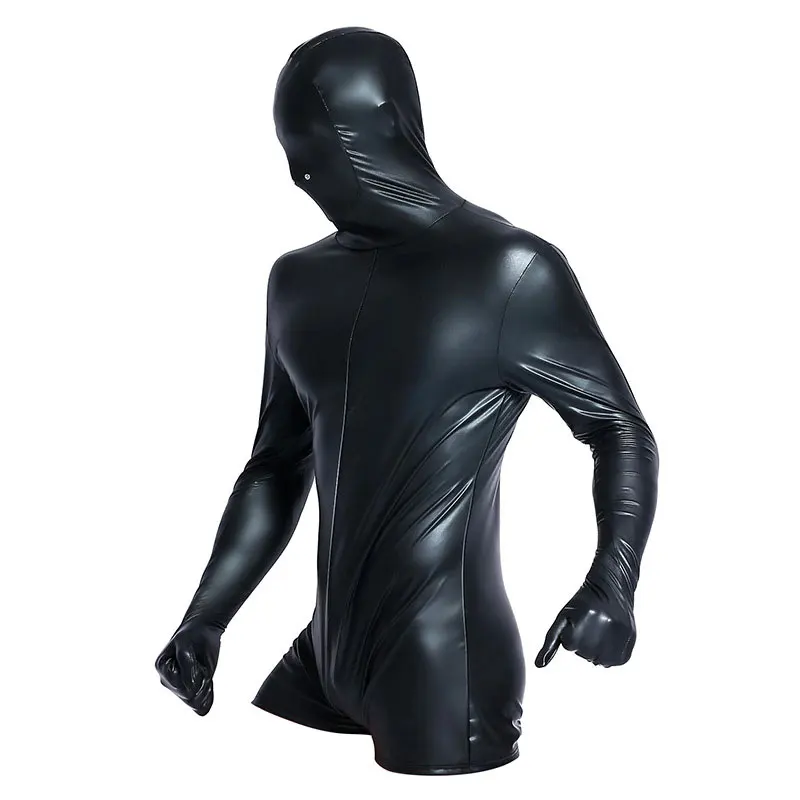 Сексуальная мужская маска, блестящий боди из искусственной кожи пикантный облегающий косплей костюм Цельный DS Клубный сценический гей одежда, плюс размер F46 - Цвет: Черный