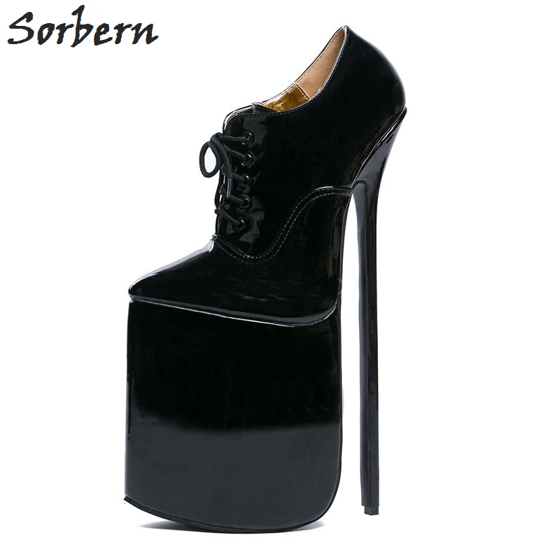 Black Sorbern Pointy Toe 12 Inch Heel Pumps Women Shoes Stilettos Thick Platform Heeled Shoe Lace Up Uniform Crossdresser Custom Color - Цвет: Black