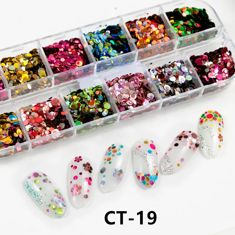 12 сеток/набор круглый смайлик для ногтей Мерцающая Снежинка 3D ультратонкие блестки пудра с пайетками амулеты для дизайна ногтей украшение для маникюра - Цвет: CT-19