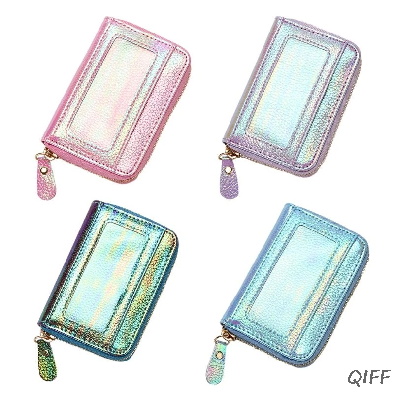 

Women Hologram PU Leather Credit Card Holder Purse with RFID Protector Small Zip Around Wallet