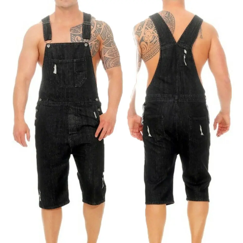 New Men's Overalls Knee Length Fit Casual Ripped Men One Piece Jeans Jumpsuits HOT