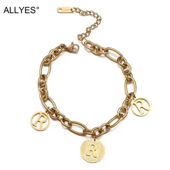 

ALLYES Gold Color Stainless Steel R Letter Round Pendant Bracelets Bangles for Women Fashion Trendy Chain Charm Bracelet Jewelry