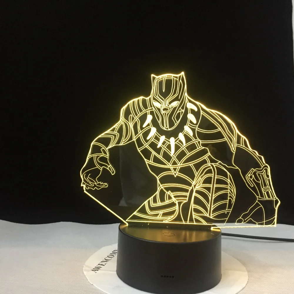 Черная пантера герой комиксов Marvel светодиодный 3d-ночник RGBw 7 цветов Настольная лампа для детей мальчик крутой подарок Рождественский домашний декор