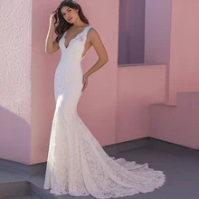 

Sexy White Lace Wedding Gown Mermaid Appliques Gorgeous Bridal Dress Sleeveless Backless V-Neck Custom Made Robe De Mariée 2022