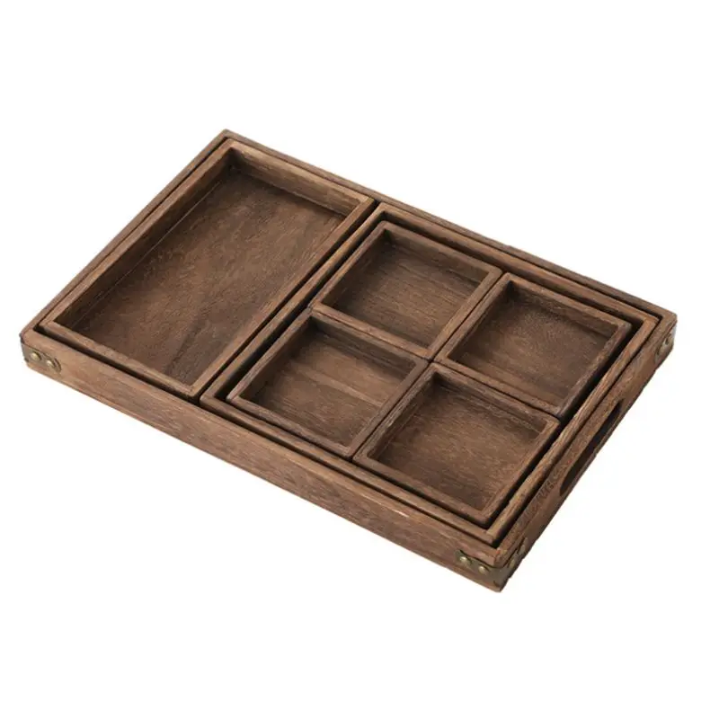 Set of 7 Rustic Paulownia Wooden Nesting Serving Trays Set with Cutout Handles