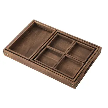 

Set of 7 Rustic Paulownia Wooden Nesting Serving Trays Set with Cutout Handles