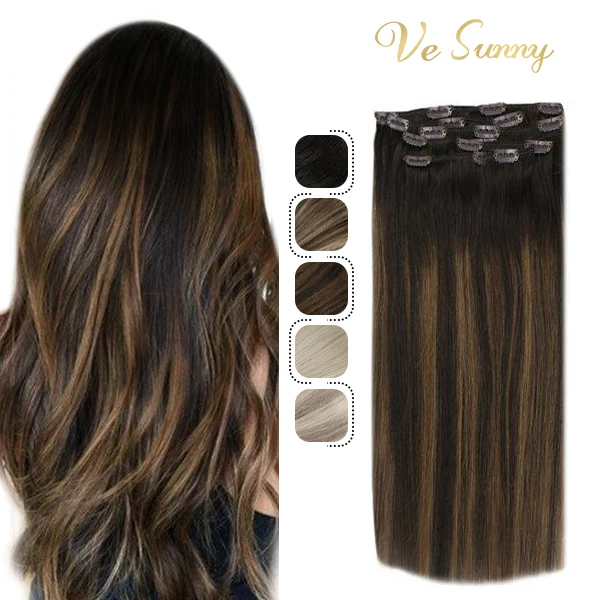 VeSunny Clip in Hair Extensions Human Hair Double Weft 7pcs Clip on Hair Extensions Machine made Remy Hair #2/2/6 120gr