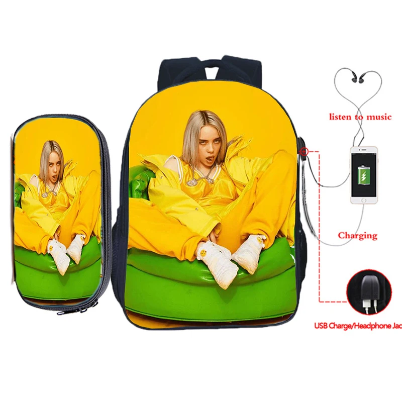 21 Billie Eilish рюкзак для зарядки через usb 2 шт./компл. школьная сумка для подростков мальчиков и девочек рюкзак для ноутбука пенал Дорожная сумка на плечо - Цвет: 21