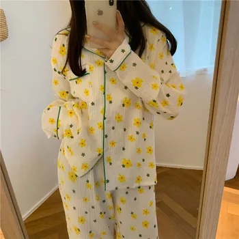 

vintage yellow floral print stars cotton home clothes women pajamas set spring autumn homewear shirt pants 2pcs sleepwear Y174