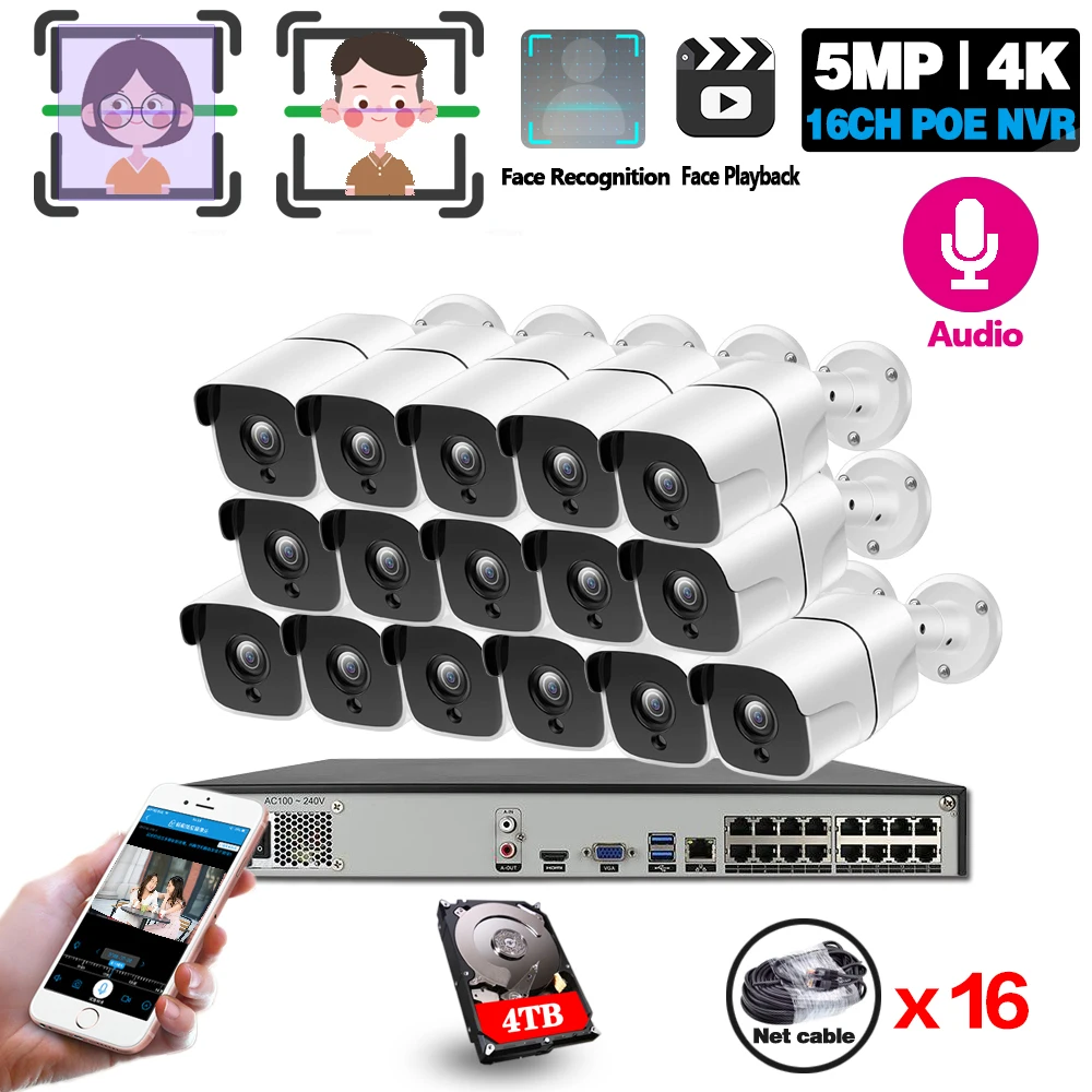 Лицевая запись 16CH 5MP 8CH 4K HD POE NVR комплект CCTV система ИК наружная аудио AI IP камера P2P