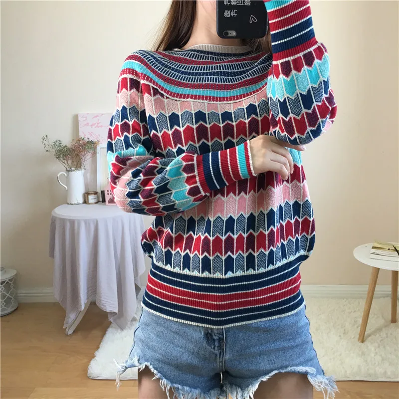 

2019 Christmas Clothing Wool Blend Warm Restoring ancient ways Sweaters and Pullovers Women Winter Striped Female Knitted Jumper