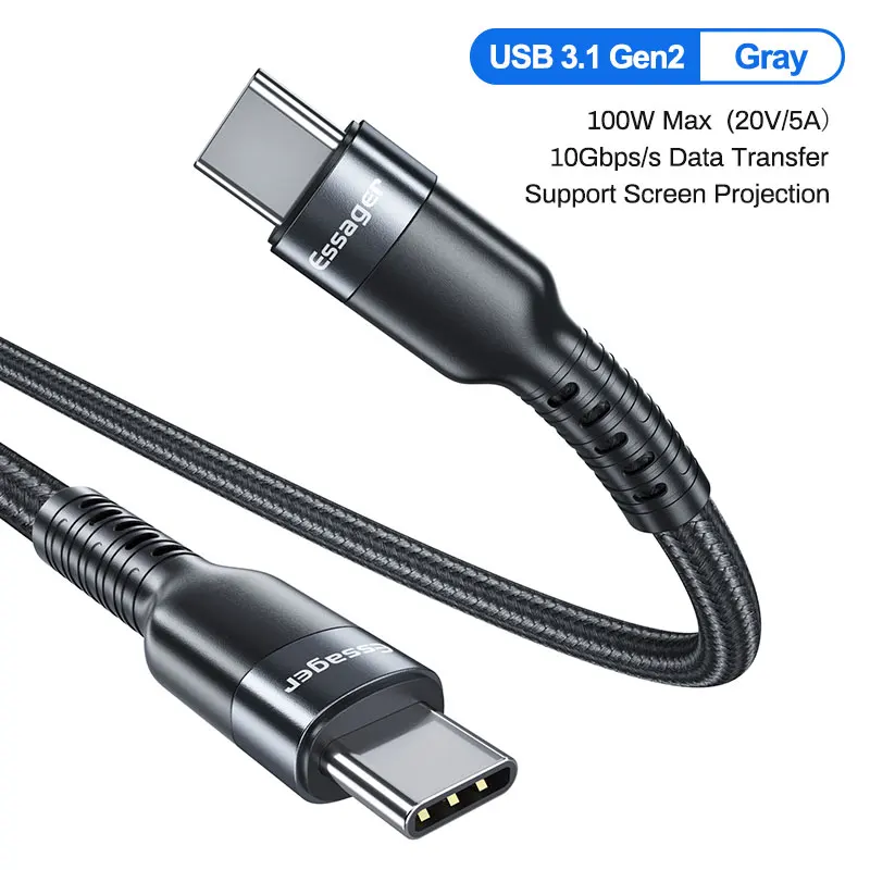 Кабель Essager type-C-USB C USB 3,1 Quick Charge 4,0 3,0 кабель для Macbook Pro Xiaomi Redmi Note 8 PD 100 Вт Кабель для быстрой зарядки - Цвет: Gray Gen 2 100W