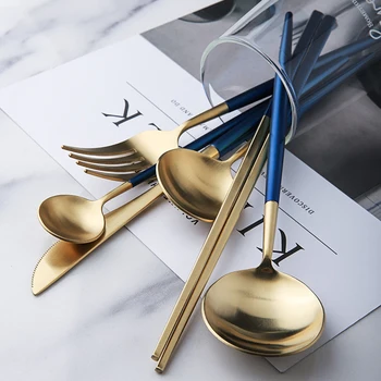 

Stainless Steel Cutlery Set Blue Gold Spoon Dinner Set Western-Style Fork Spoon Knife Korean-Style Kitchen Spoon Fork Knife Set